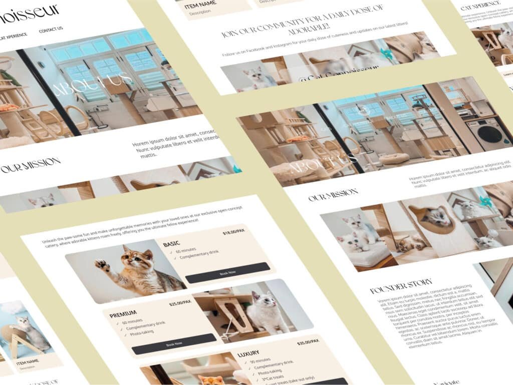 Pet website UI showing pricing cards and booking buttons