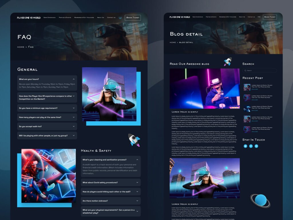 virtual reality website design blog page & FAQ page UI UX for VR web design company