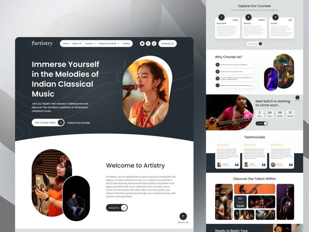 Modern music academy website design homepage with Indian classical vocalist hero section