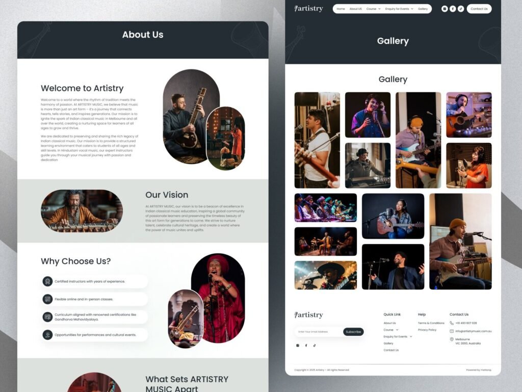 Music academy website design showcasing gallery and performance visuals