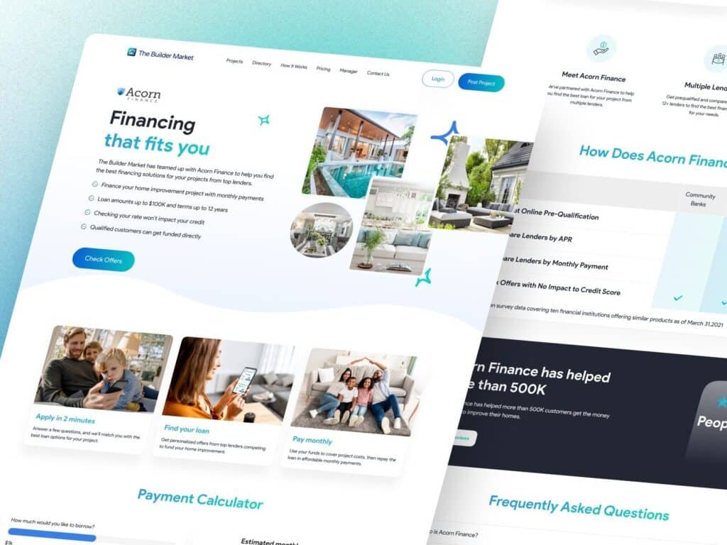 Finance website design showing builder marketplace homepage with financing CTA