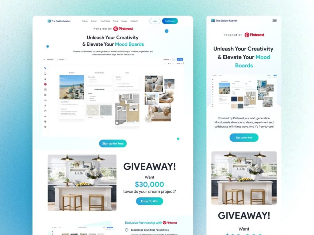 Builder marketplace website design showing interactive mood board inspiration layout