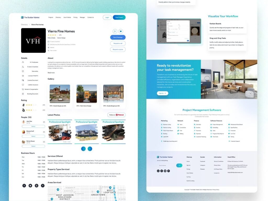 Builder marketplace website showing contractor profile with reviews and gallery