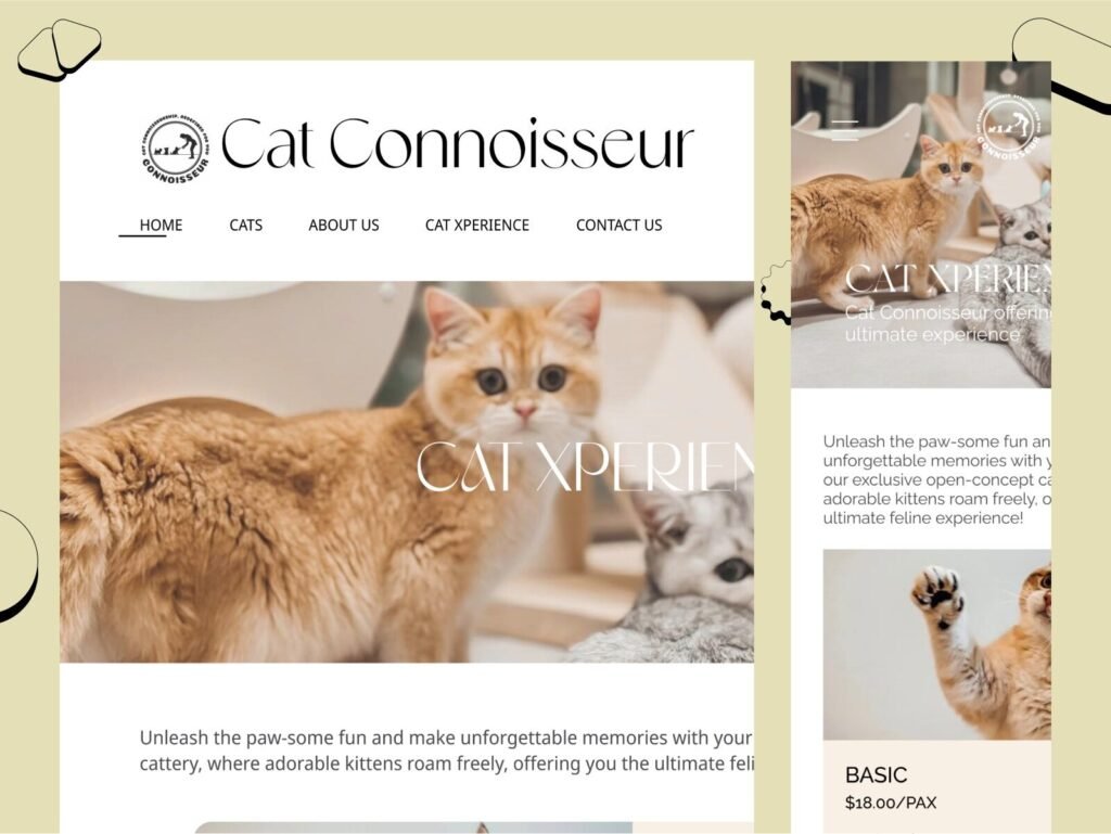 Pet business website design showing about section and mission content