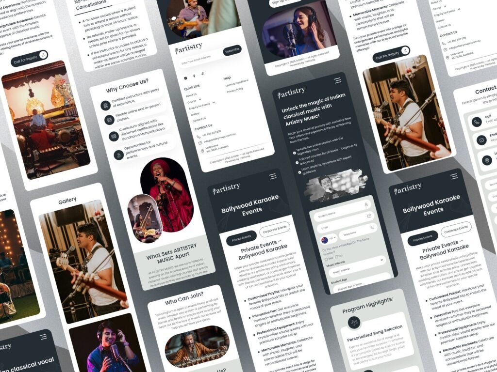 Custom responsive music website design for music academies showcasing event booking interface