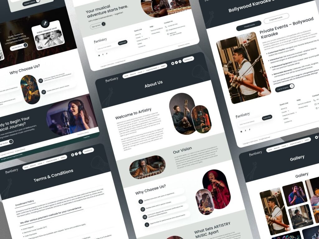 Creative music institute website design showcasing trust features and benefits