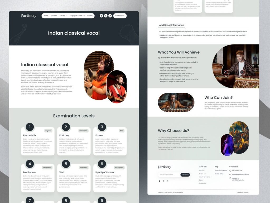 Indian classical music website design featuring traditional visuals and course details