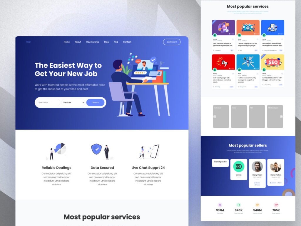 freelance marketplace website design hero section with search bar and clean UI layout