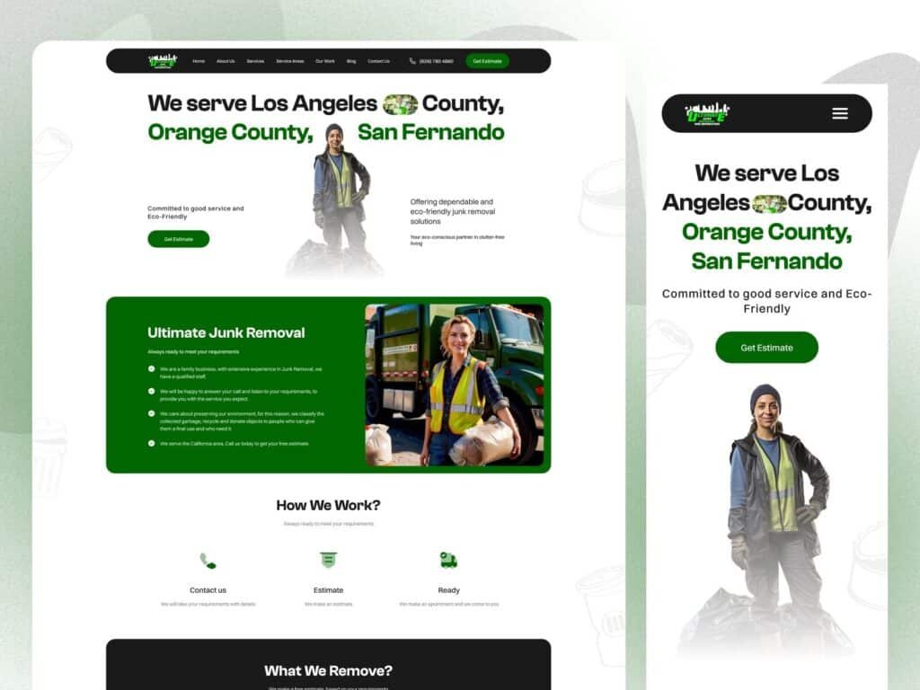 Cleaning service website UI showing eco friendly junk removal service details