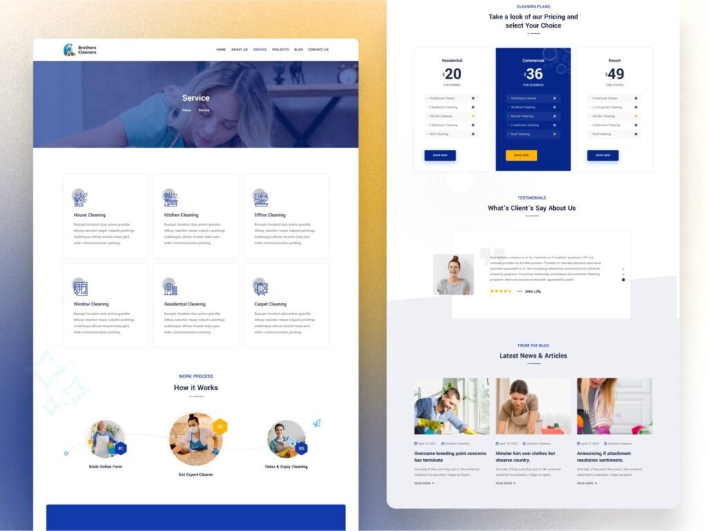 Cleaning service website design showing residential and commercial services