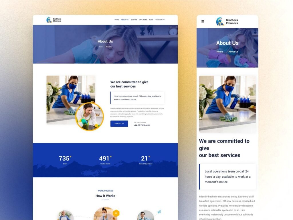 Cleaning service website design about us page