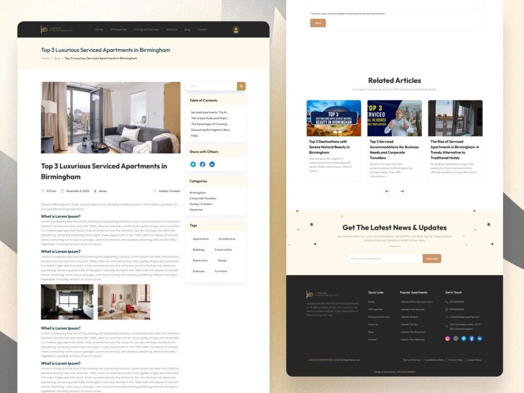 Luxury real estate rental website footer with navigation links and social proof