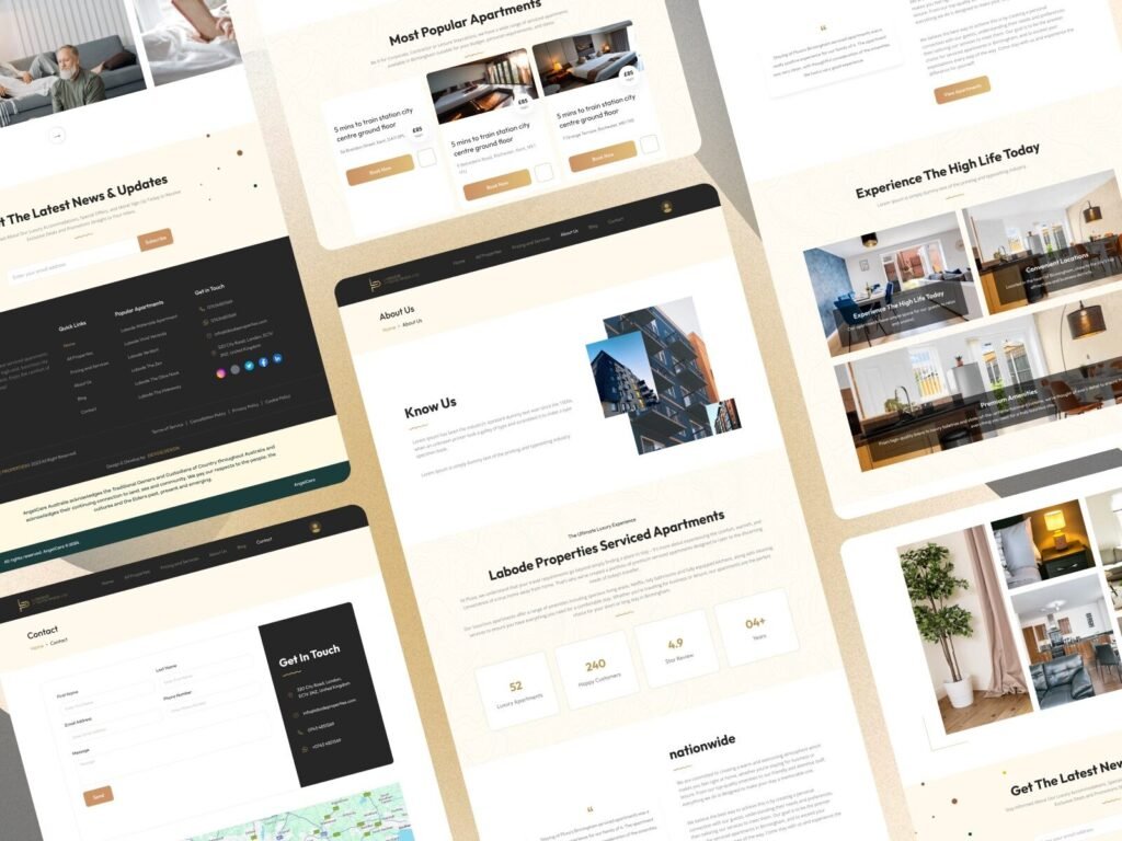 Modern real estate website UI showing detailed serviced apartment page with booking option