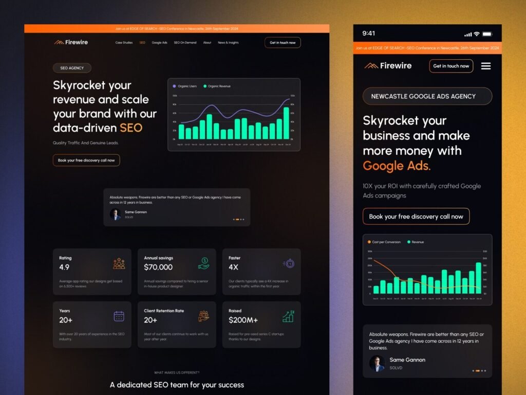 Modern SEO agency website design featuring organic traffic growth and revenue analytics dashboard