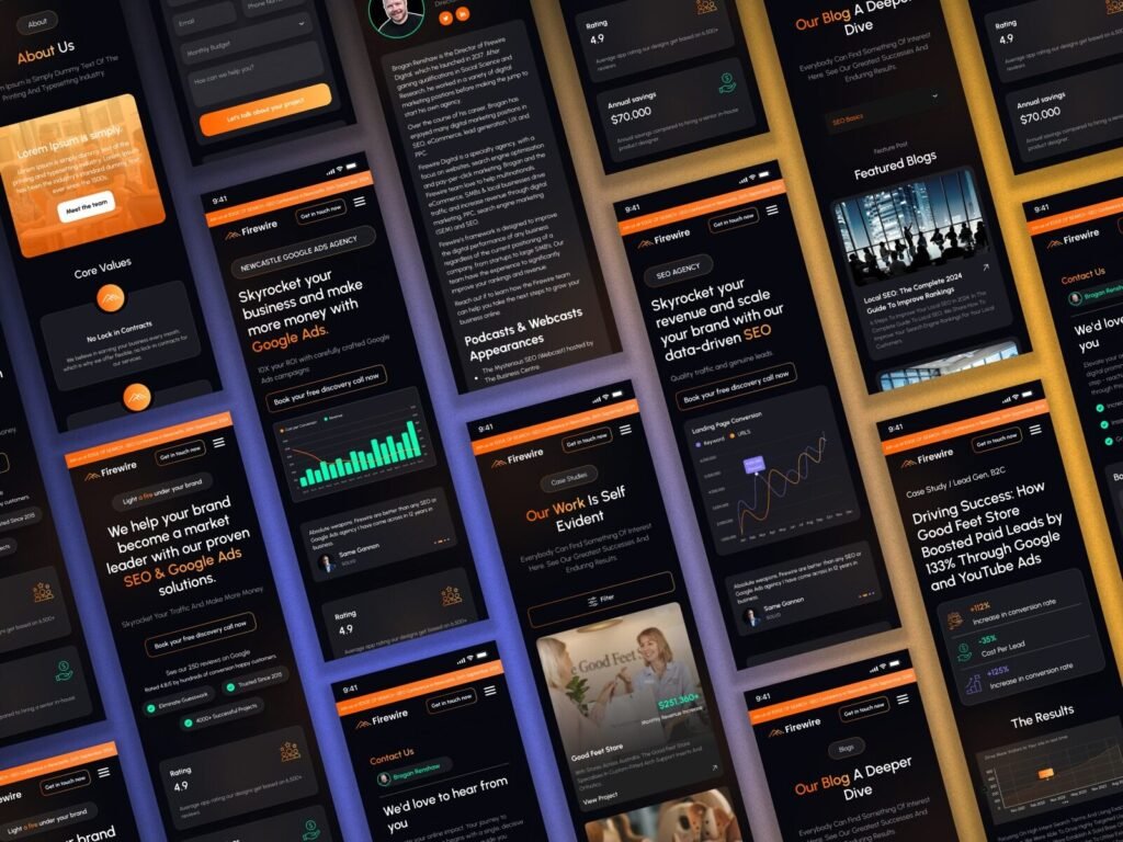 Search marketing website design showing conversion rate increase and paid ads performance metrics