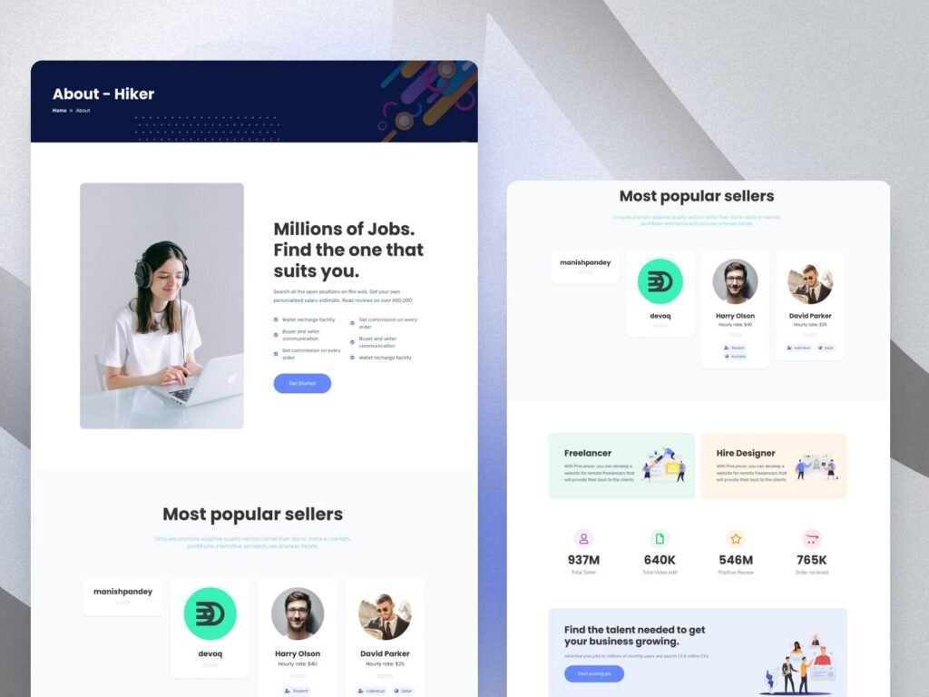 freelance marketplace website design About Page with user statistics and social proof numbers