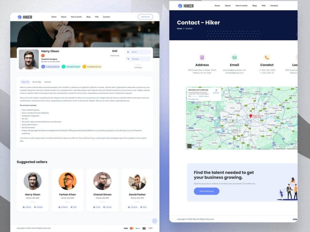 service marketplace website design contact page layout with map integration