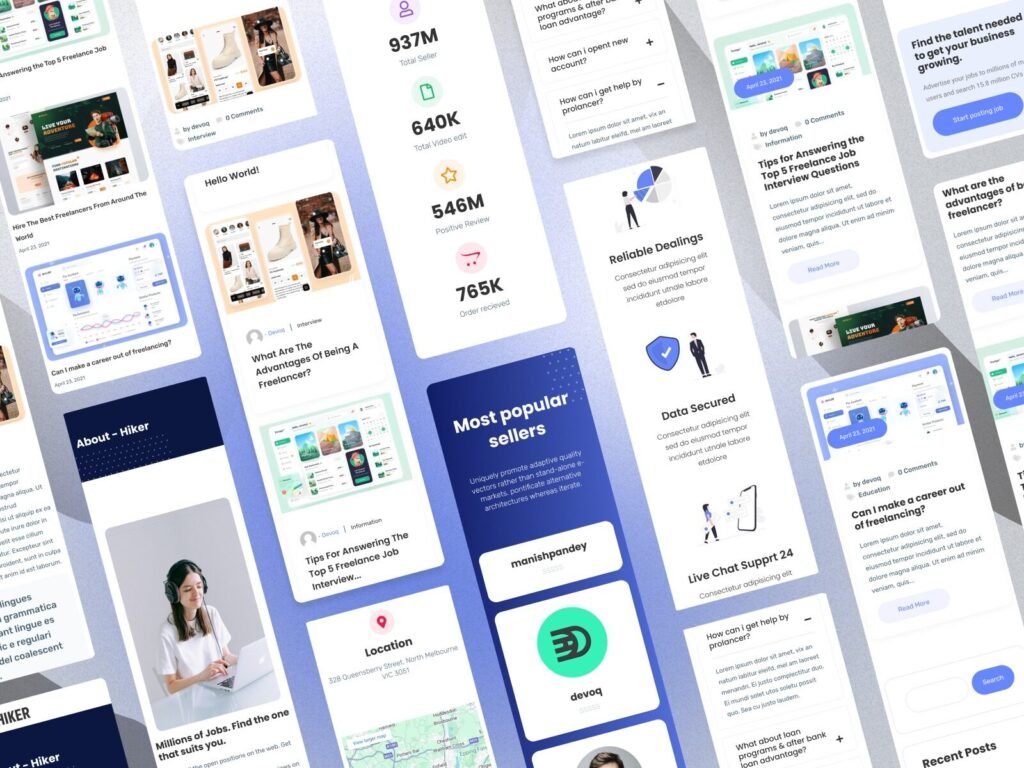 modern freelance marketplace UI design with service cards grid layout