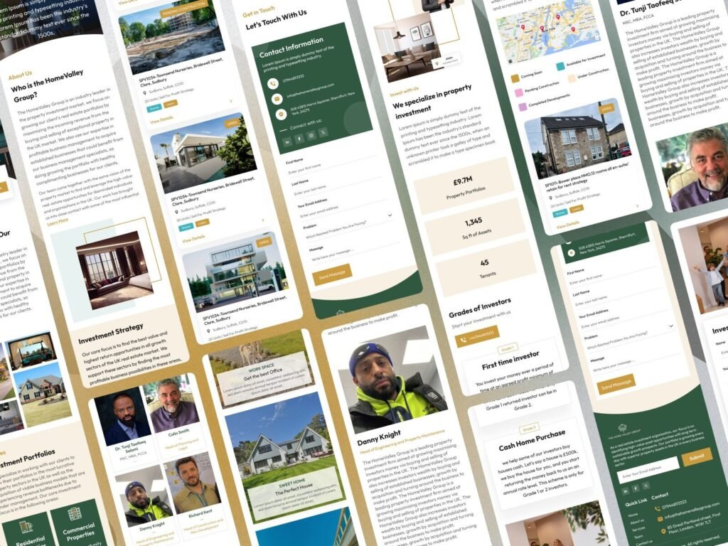 real estate investment website design footer with contact and quick links