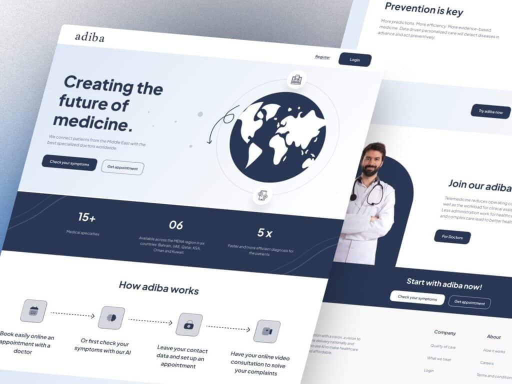Text: Medical website UI UX design hero section for digital healthcare platform