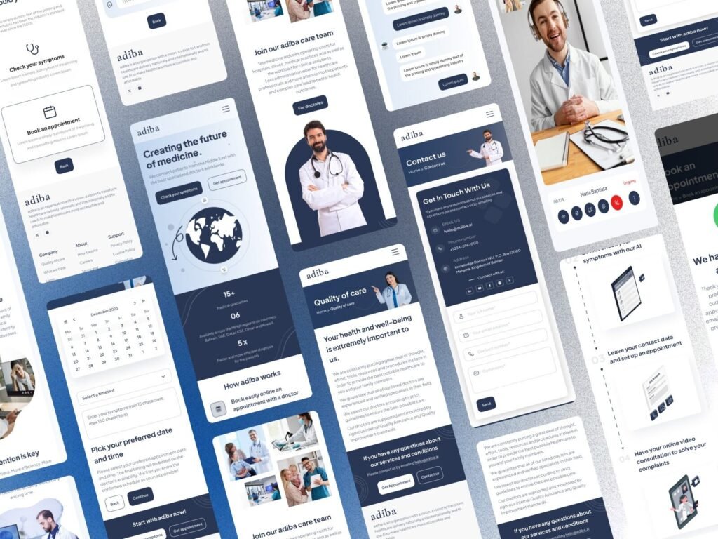 Smart healthcare platform design showcasing AI symptom assessment and video consultation