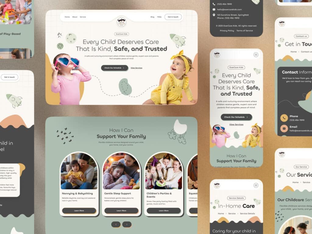 childcare website design testimonial section with parent feedback cards