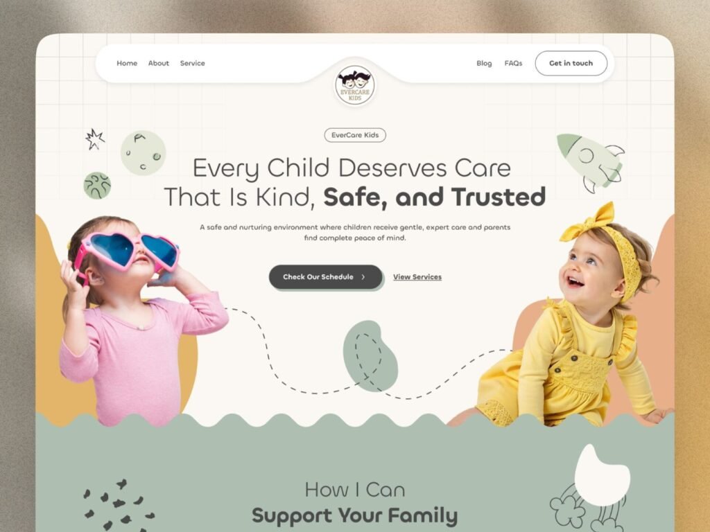 childcare website design hero section with safe and trusted messaging