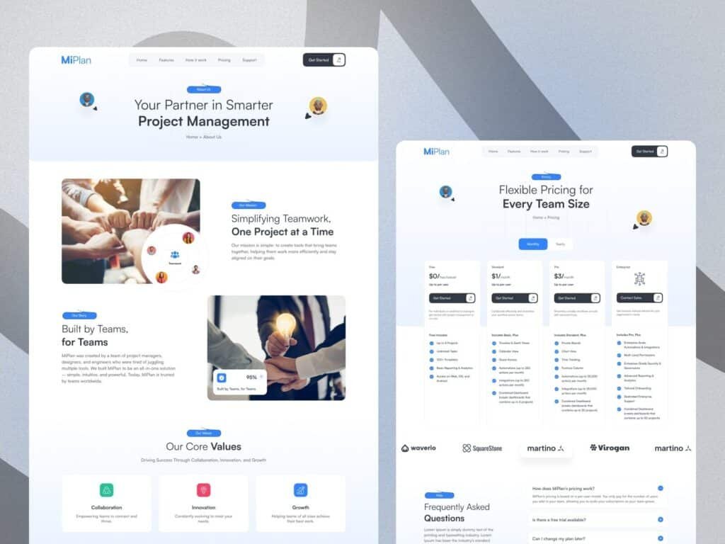 SaaS product website UI design layout for project management software platform