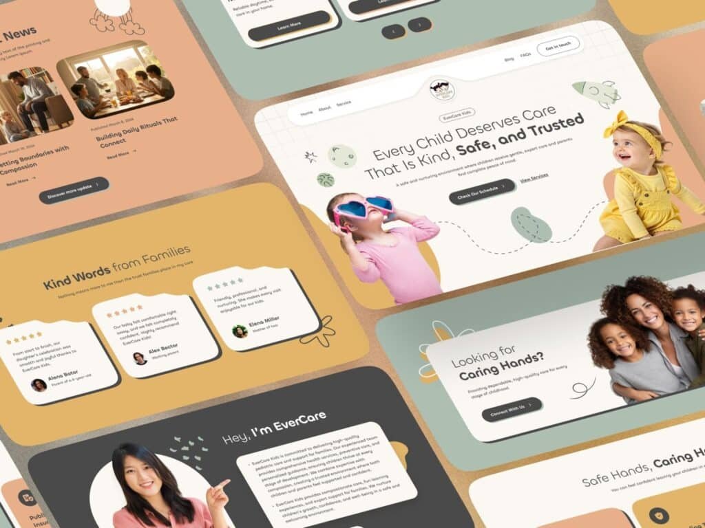 modern childcare website UI design with safeguarding and professional care highlights