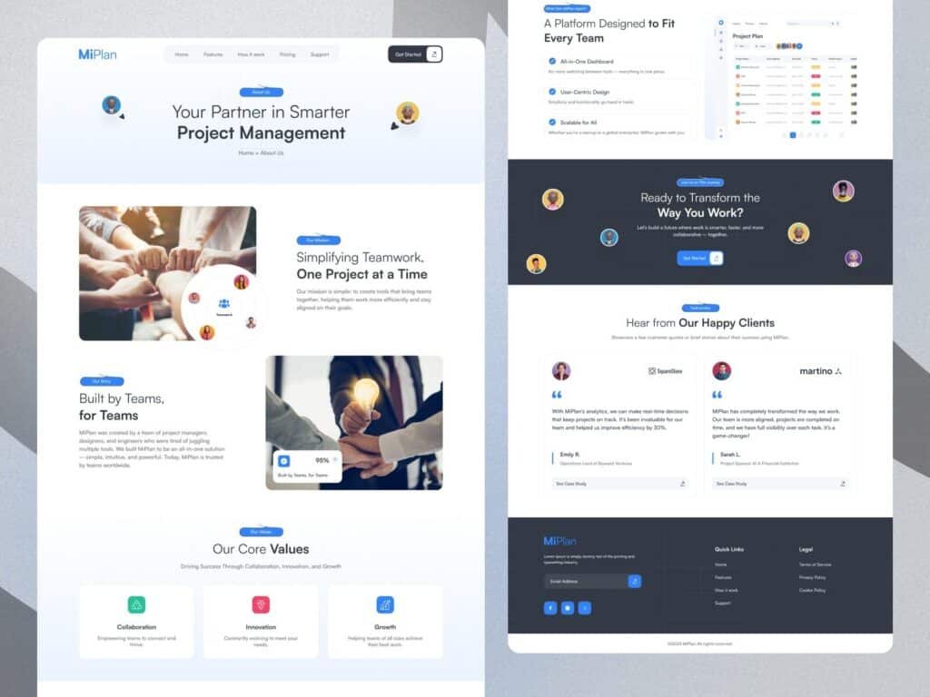 software product website design about page SaaS company UI layout