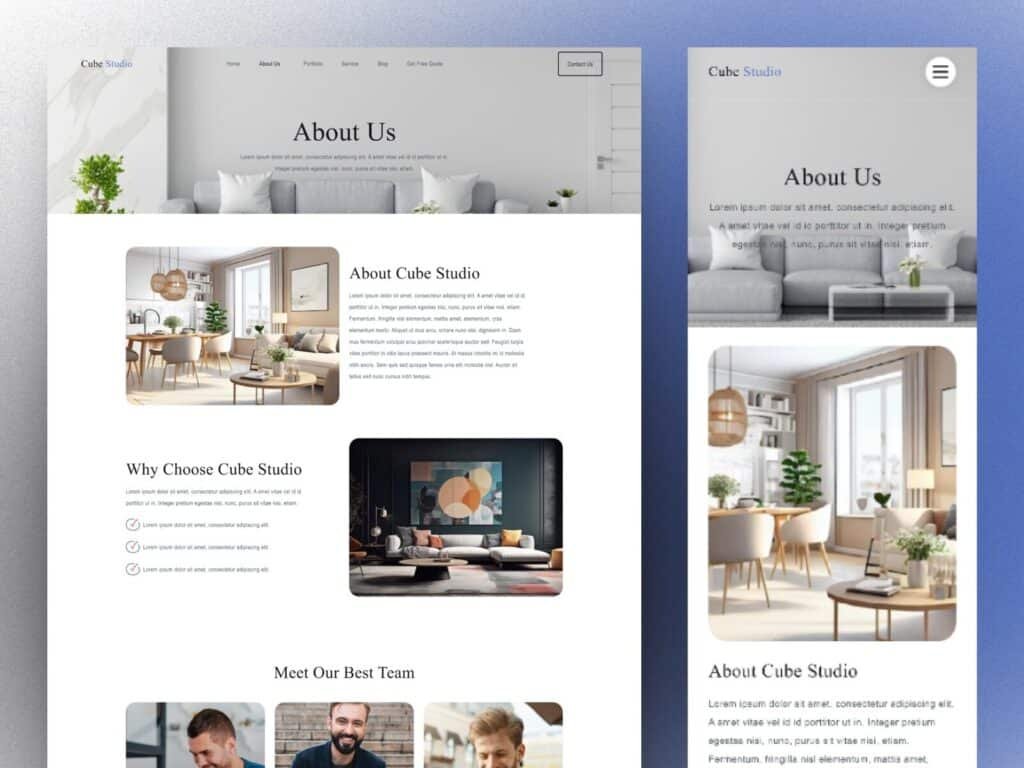 interior design about us page UI clean layout team section modern website