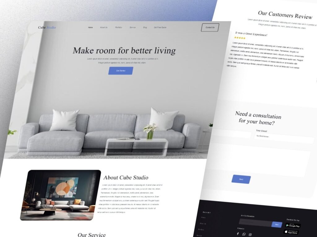 interior design landing page design modern clean UI hero section