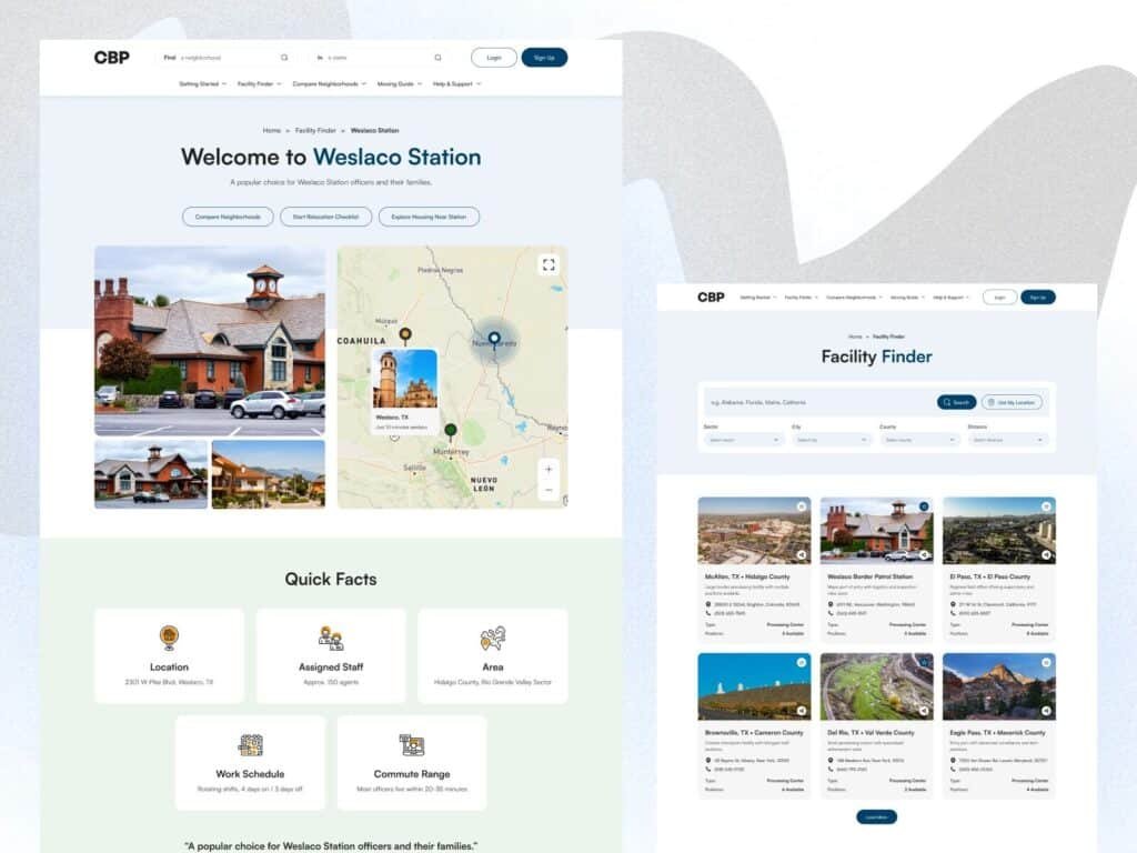 relocation platform UI with map integration quick facts cards location finder UX