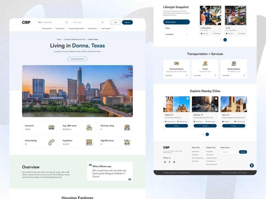location finder website design showing city overview dashboard with commute rent crime population metrics