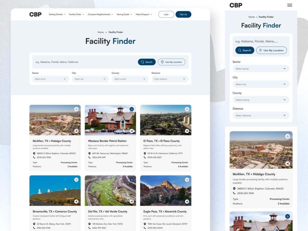 relocation platform UI showing lifestyle snapshot grocery stores clinics local services dashboard