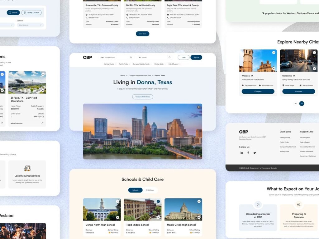 relocation platform UI showing lifestyle snapshot grocery stores nearby cities transportation services dashboard
