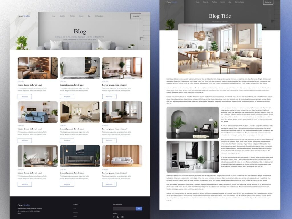 interior design blog page UI grid layout modern clean design