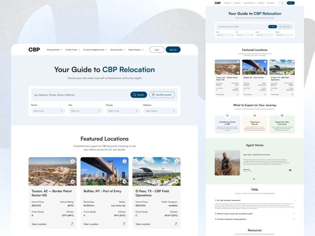 location finder website design dashboard showing city overview, metrics cards, and relocation insights UI