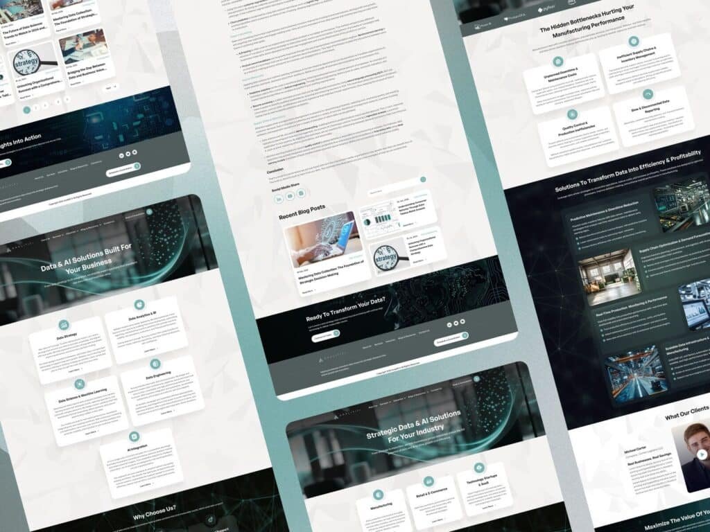 analytics consulting website UX design with data strategy AI services cards layout