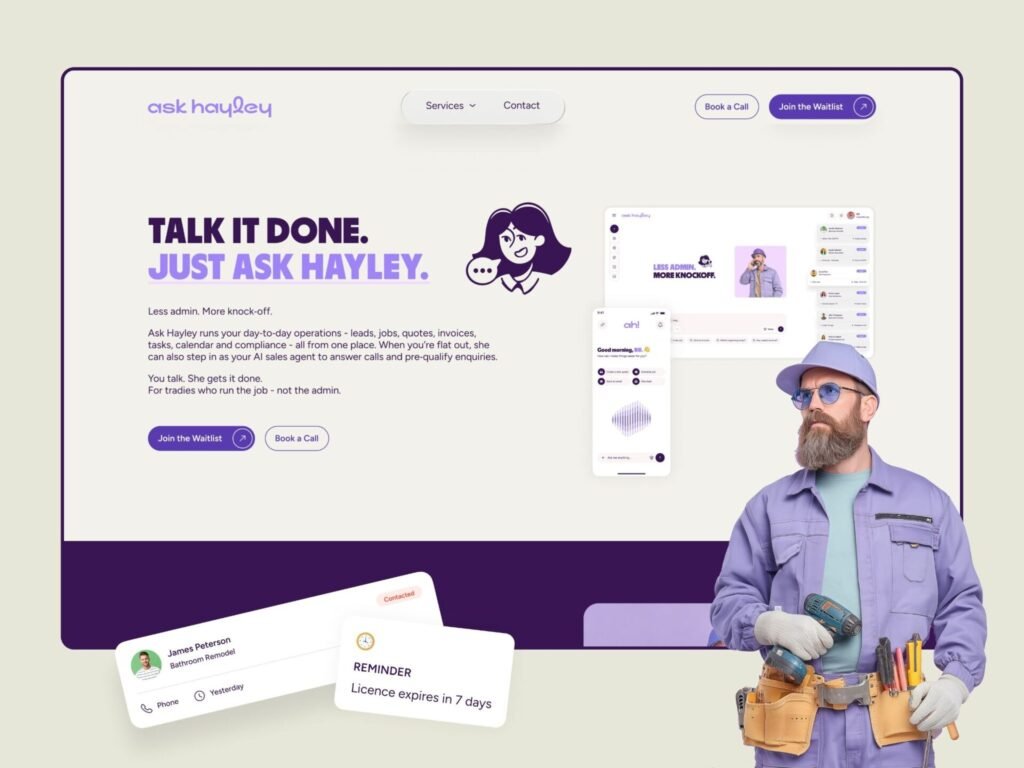 AI assistant SaaS UI hero section for service business automation platform