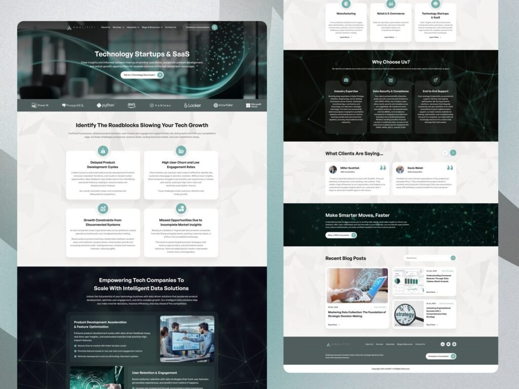 AI consulting website UI for SaaS startups with data analytics growth insights dashboard