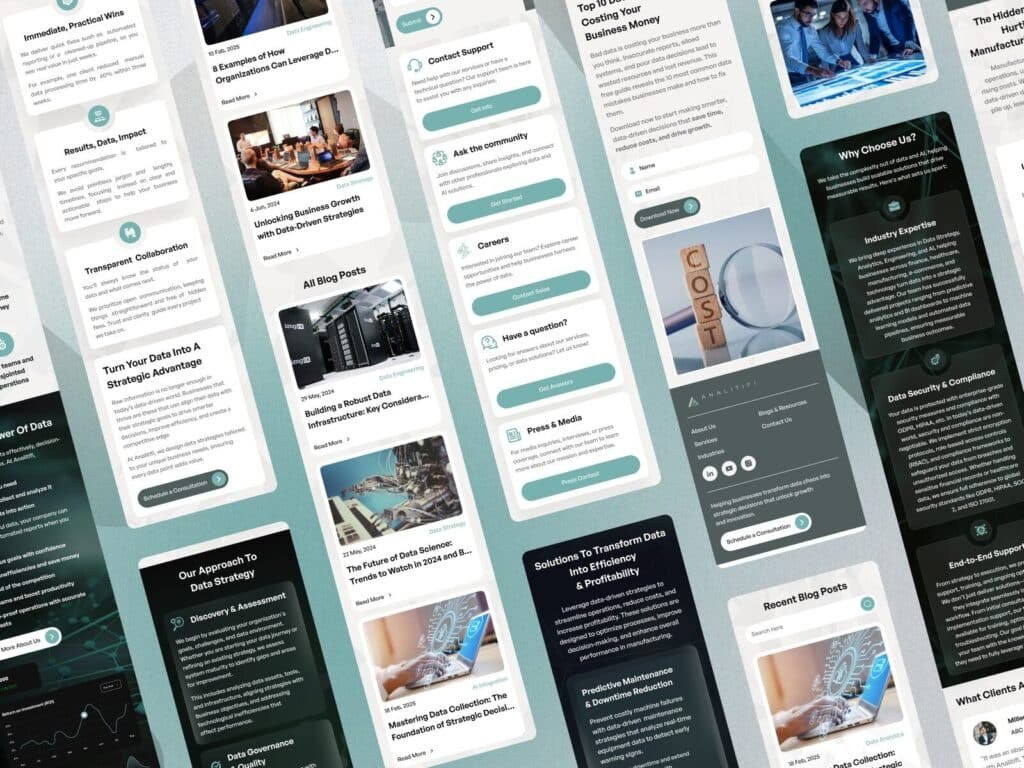 full data analytics SaaS website UI design layout with multiple sections and dashboards