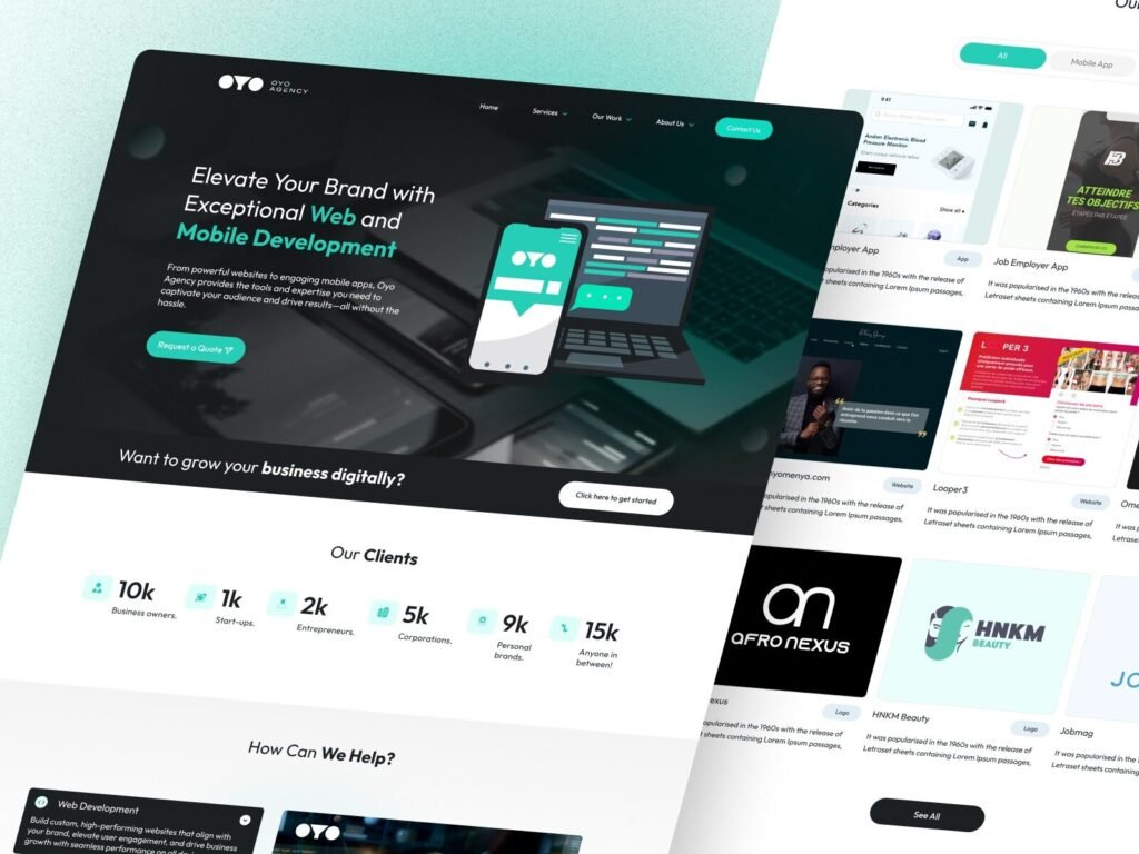 modern digital agency homepage UI design showcasing web and mobile development services
