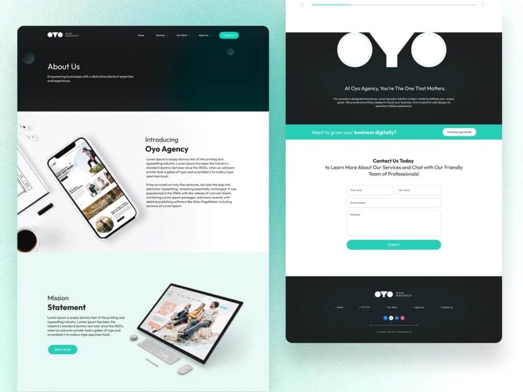 about us and contact page UI design for digital agency website with clean layout