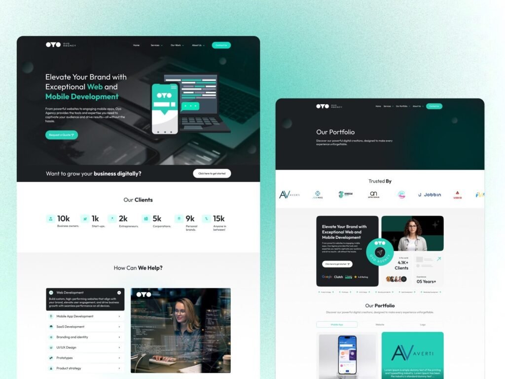 digital agency portfolio section UI showcasing projects and client work