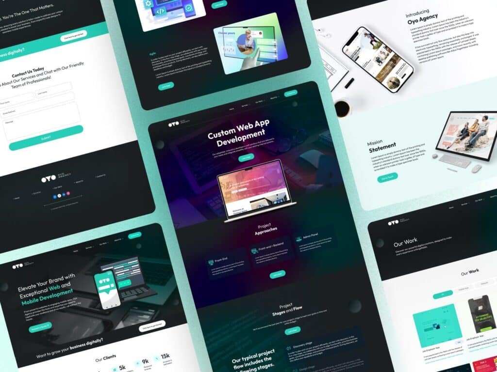 digital agency workflow section showing project planning wireframing design development process UI