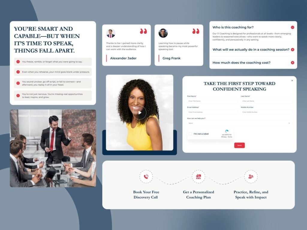modern coaching website UI layout with clear sections and call to action