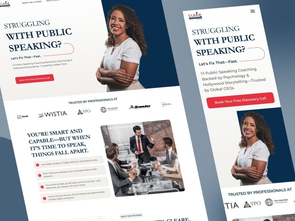 public speaking coaching website design with testimonials trust section and lead generation form