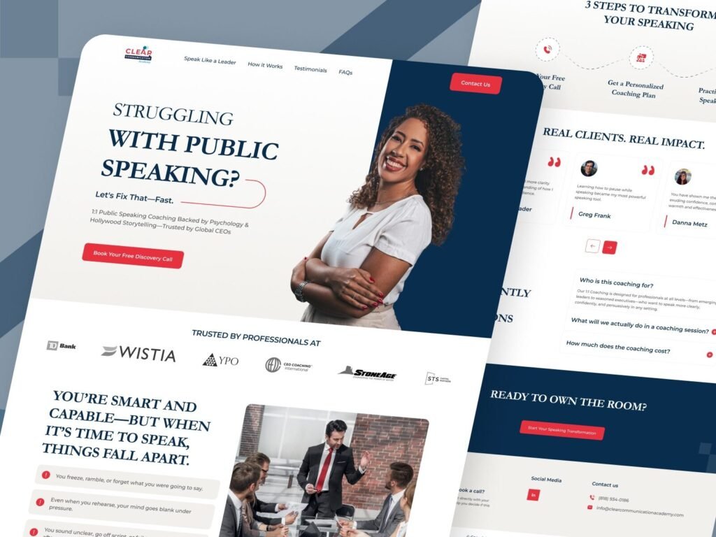 public speaking coaching website hero section with call to action and personal branding UI design