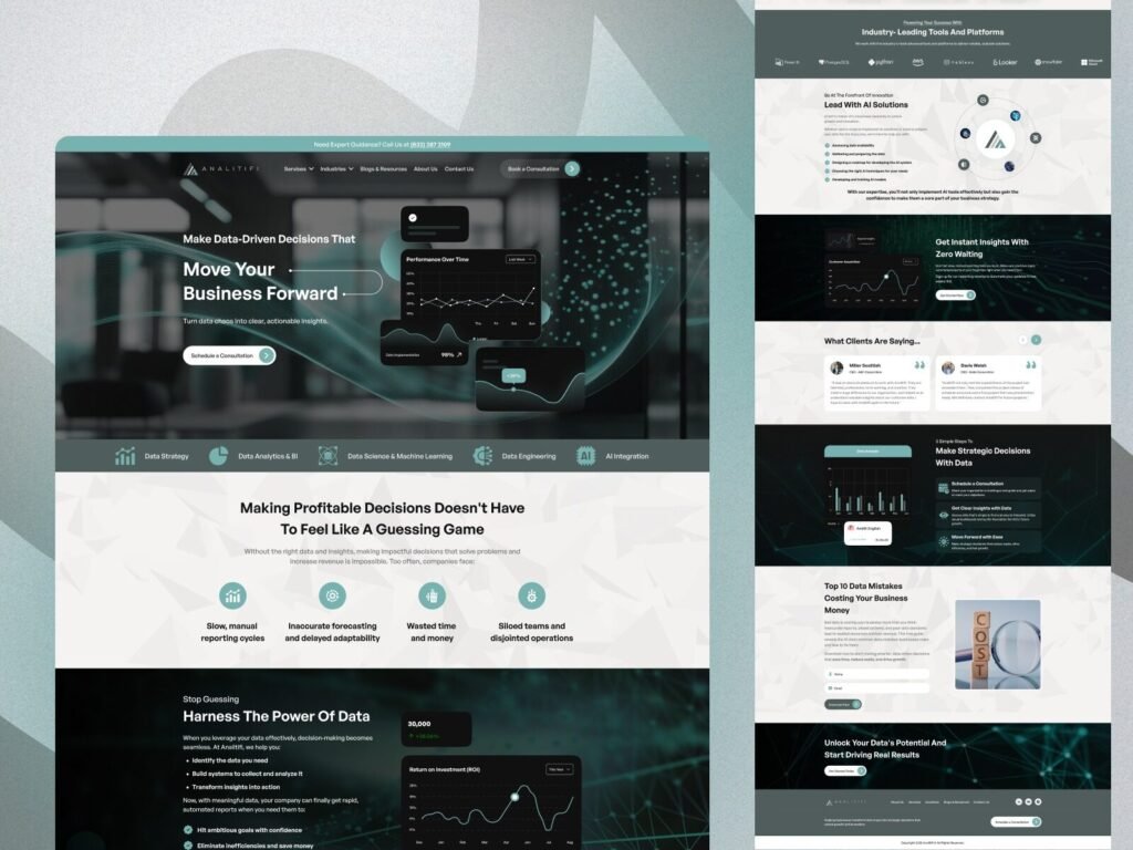 data strategy website design homepage with AI dashboard UI and analytics visualization